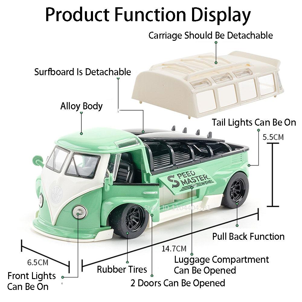 1:32 Scale T1 Beetle Miniature Model Alloy Diecast Toys Car Doors Opened Sound Light Pull Back Vehices Children's Birthday Gifts