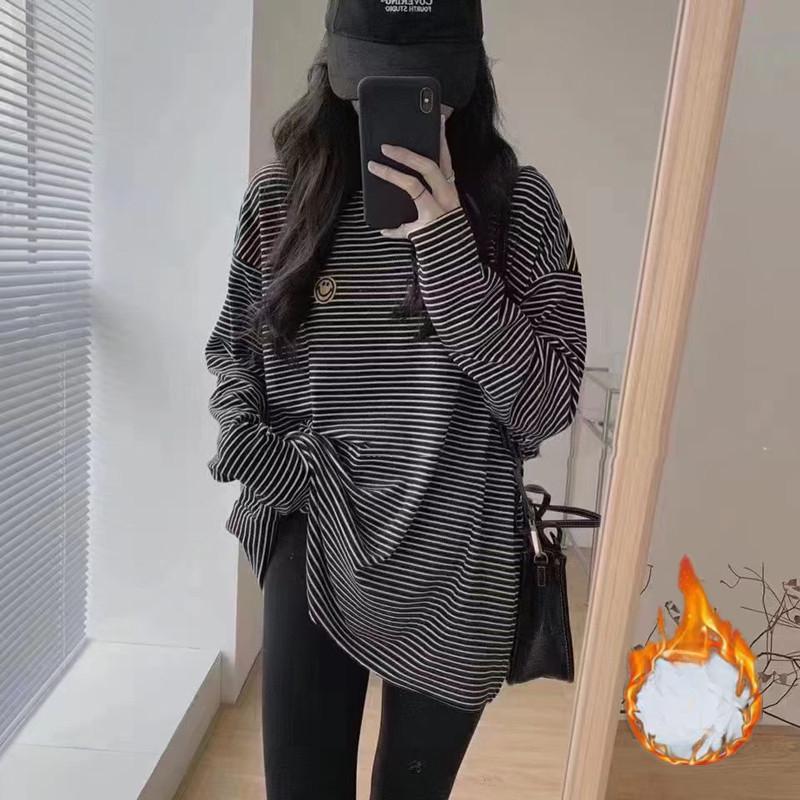 

Новая полосатая футболка с длинными рукавами для женщин на осень и зиму, нижняя часть из чистого хлопка, средняя длина, дизайн рубашки, верх M