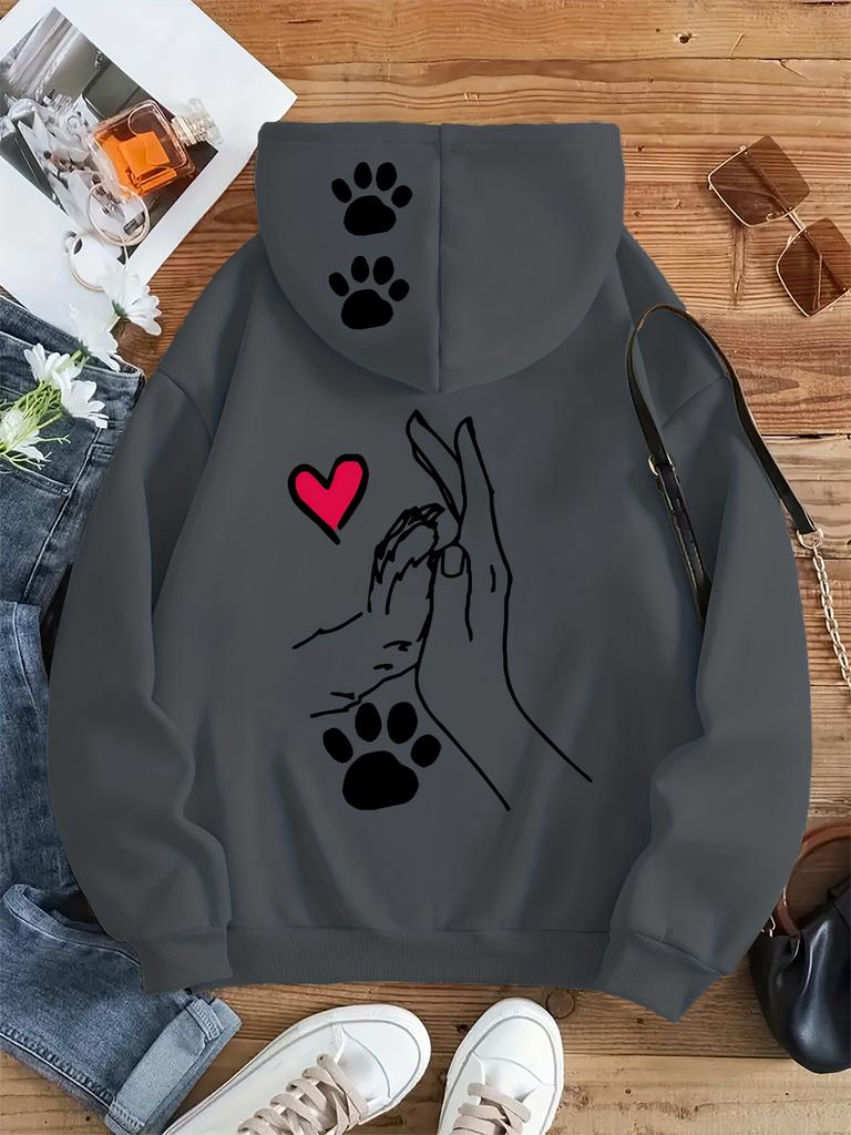 Healing People and Dogs Holding Hands Love Paw Prints Back Hat Top Printing Hooded Sweater Loose Shoulder Same for Men and Women