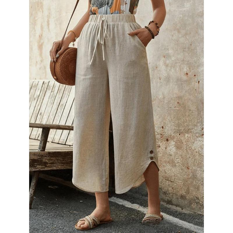 New Cotton and Linen Drawstring Cropped Pants with Pockets for Women, Loose Fit