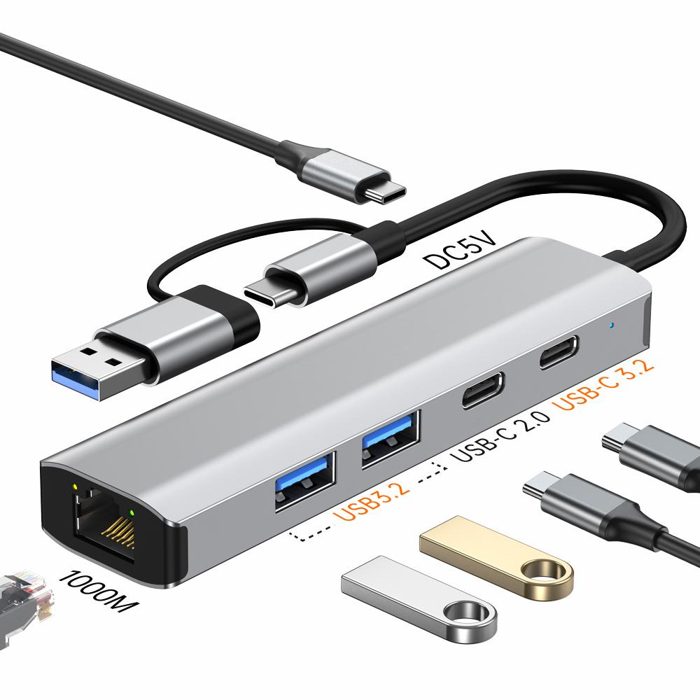 

2503 USB/Type-C Hub Gigabit RJ45 2xUSB3.2 USB-C2.0 USB-C3.2 DC5V 6 in 1 Docking Station As Shown A