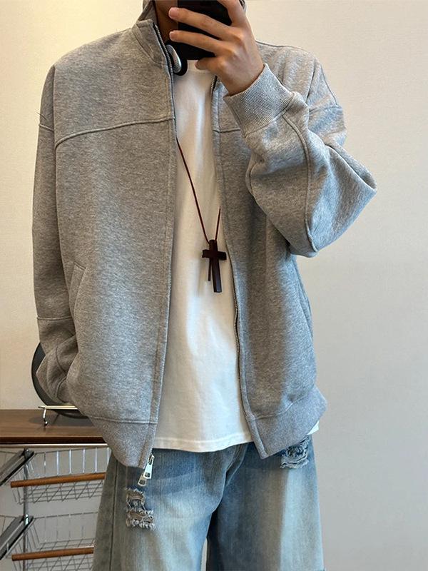 Herren Winter Hellgrau Schwerer Strick-Kapuzenpullover - Mit Samtfutter, Uni-Farbe, Amerikanischer Stil Stehkragenjacke