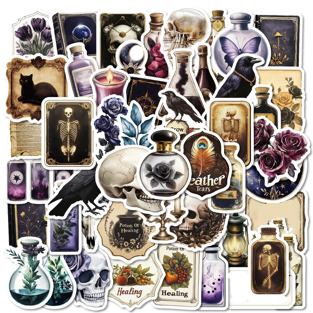 50 Pcs Dark Aesthetics Decorative Stickers  Oil Lamp Crow Non Repeating Waterproof Stickers
