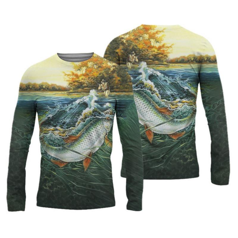 Sommer Herren Angelshirts 3D Pinting Angelbekleidung Atmungsaktives T-Shirt Langarm Outdoor Sport Rundhals Angelshirt 6XL