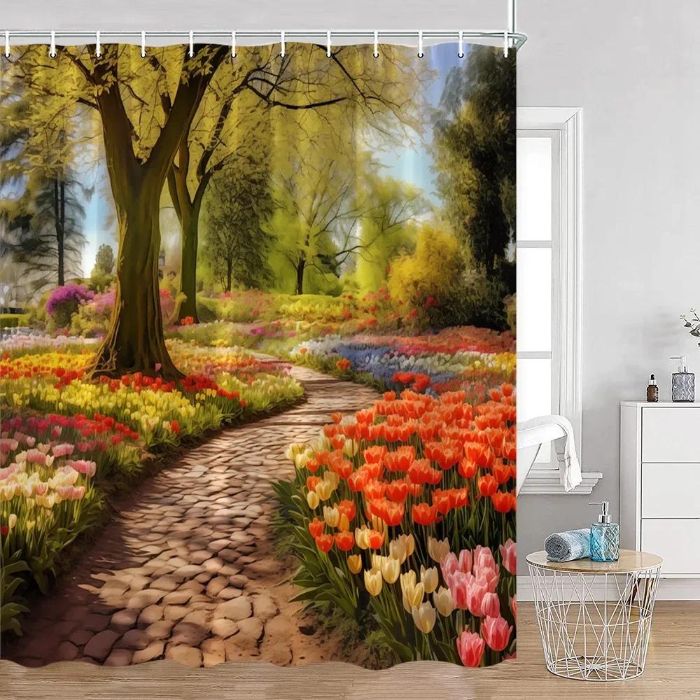 Colorful Flowers Green Plants Shower Curtain Trees Spring Landscape River Tulip Bathroom Curtain Polyester Bathroom Decoration