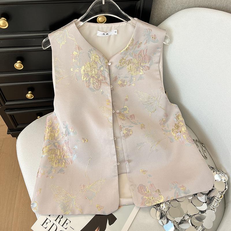 

Французский винтажный пуговичный маленький топ с круглым вырезом, жаккардовое плетение из парчи, золотая вышивка XXXL [Recommended 138-75kg] розовый