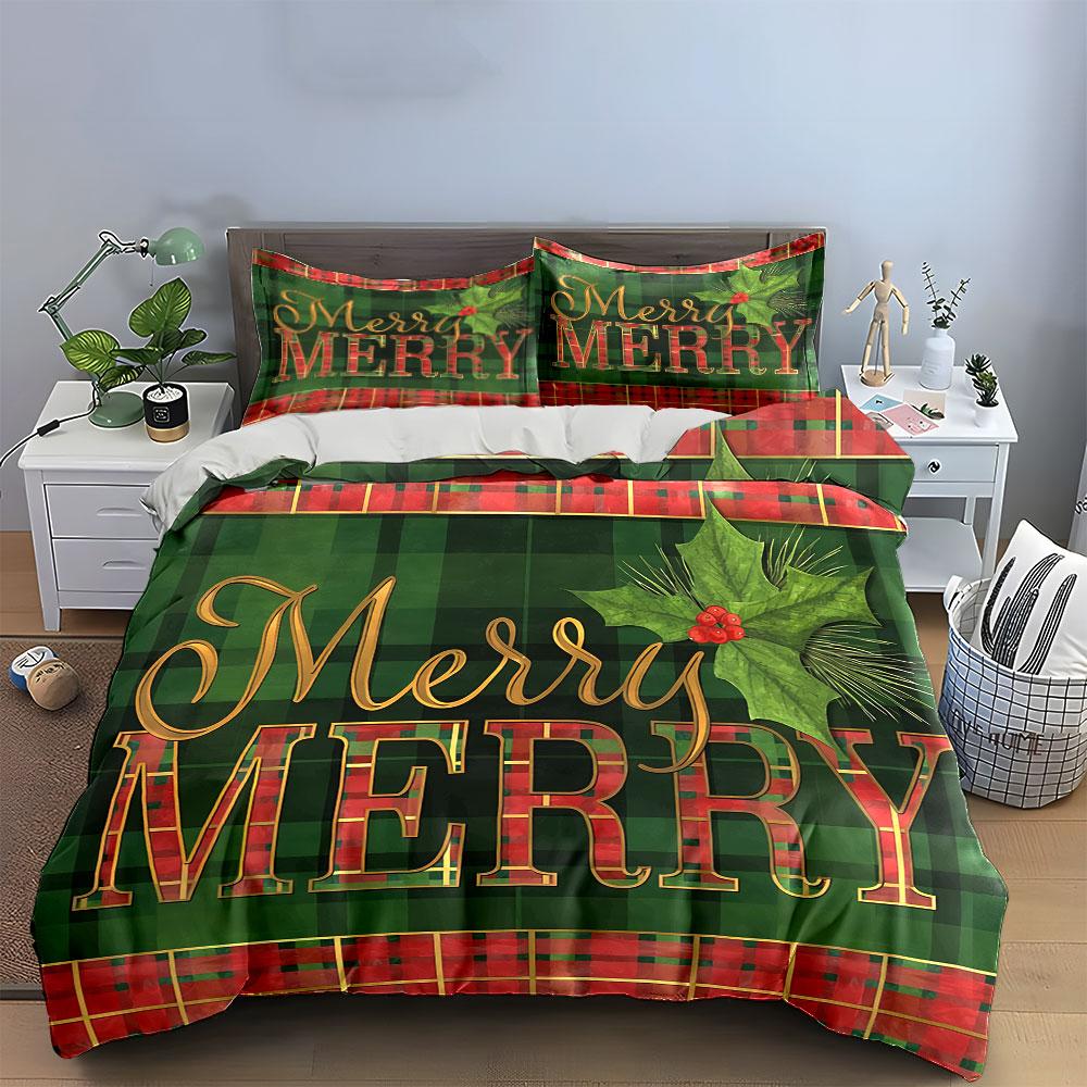 Plaid Merry Christmas Design Bedding Duvet Cover Set Duvet Cover Pillowcases  (1*Duvet Cover 2*Pillowcases, without duvet insert)