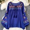 Embroidery Flower Spring Women Blouse Vintage Ethnic Lantern Long Sleeved Oneck Loose Cotton Linen Shirt Casual Top D5082
