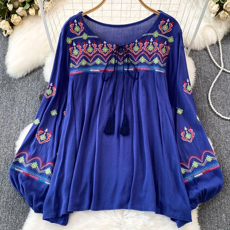 

Женская весенняя блузка с вышивкой, винтажный этнический фонарь с длинными рукавами и круглым вырезом, свободная хлопковая льняная рубашка, повседневный топ D5082 One Size синий