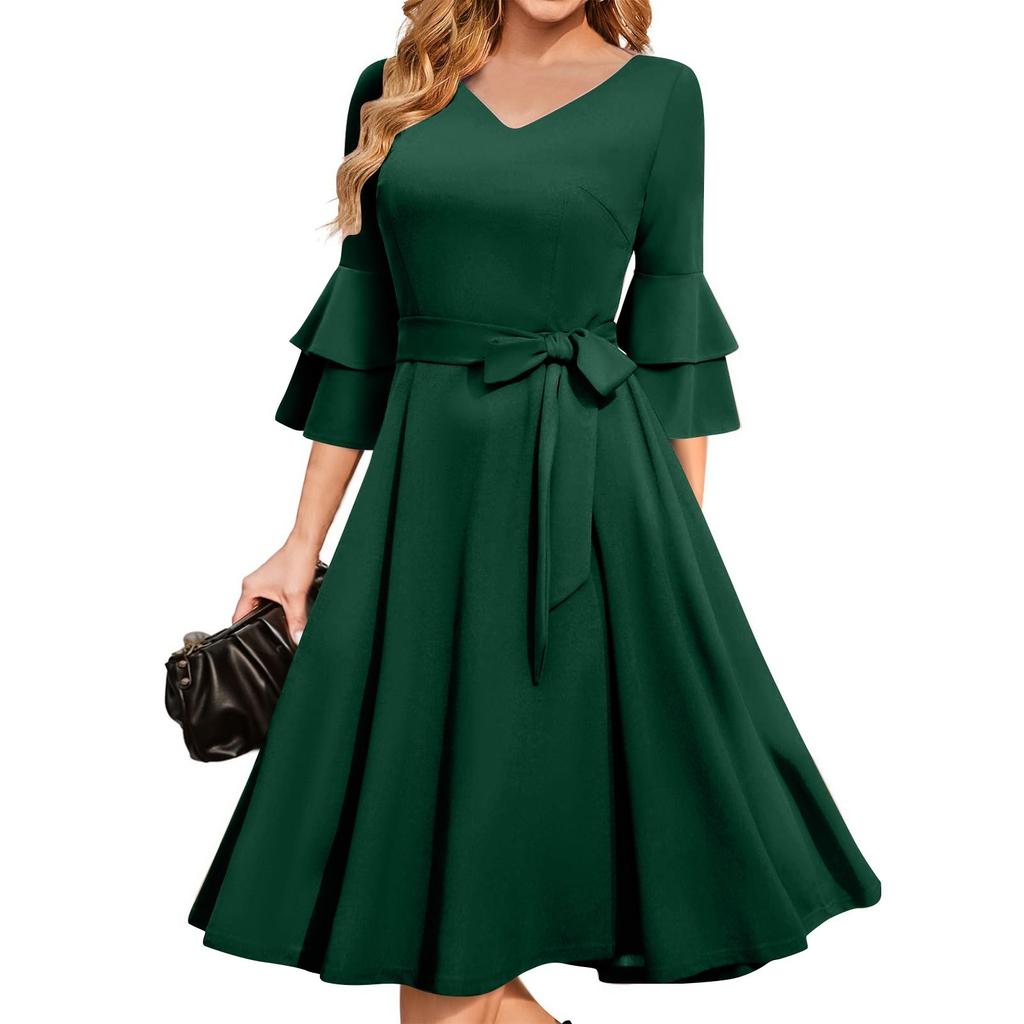 Women's Elegant Bell Sleeve Cocktail Party Dresses For Wedding Guest Fit And Flare Church Midi Evening Dress