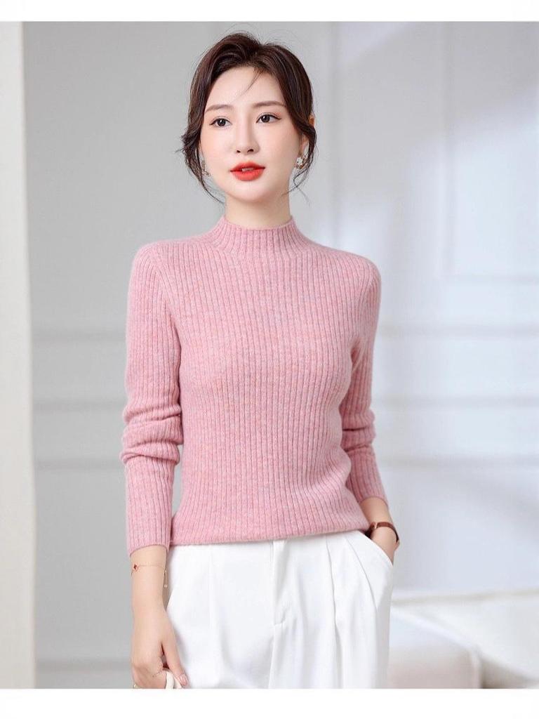 2025 Cashmere Semi-High Neck Black Sweater: Solid Color Knitted Base Layer