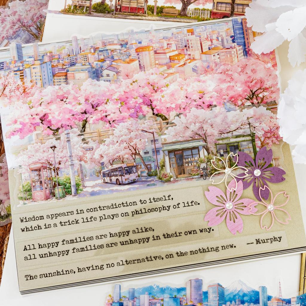 Watercolor Scrapbook Stickers Transparent PET Strips 55 x 180mm with Cherry and Ocean Decorative Stickers for and Card Making 6-Pack - Nature, City,