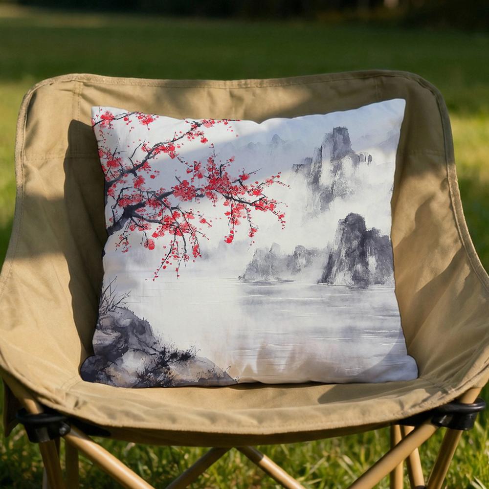 Classical Ink Landscape Cushion Cover Soft Reversible Durable Pillow Cover MultiScene Use for Home Car Daily Comfort