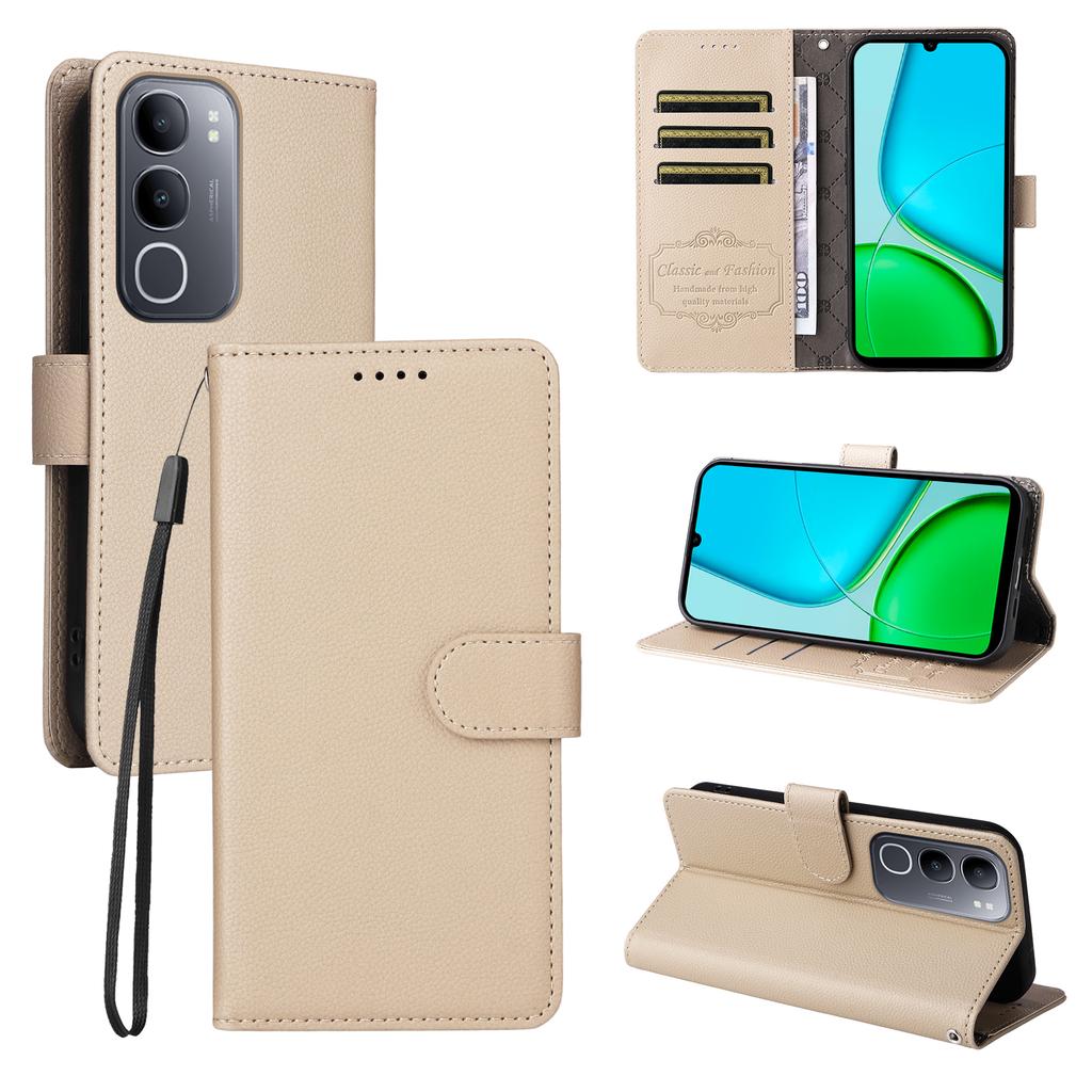 For Vivo Y50 Case RFID Blocking 3 Card Slots PU Leather Phone Cover with Wrist Strap