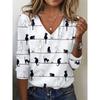 V-neck 3D Printed Cat Pattern Top Fashionable Casual Long Sleeved Women's T-shirts