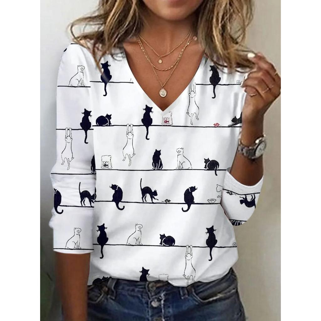 V-neck 3D Printed Cat Pattern Top Fashionable Casual Long Sleeved Women's T-shirts