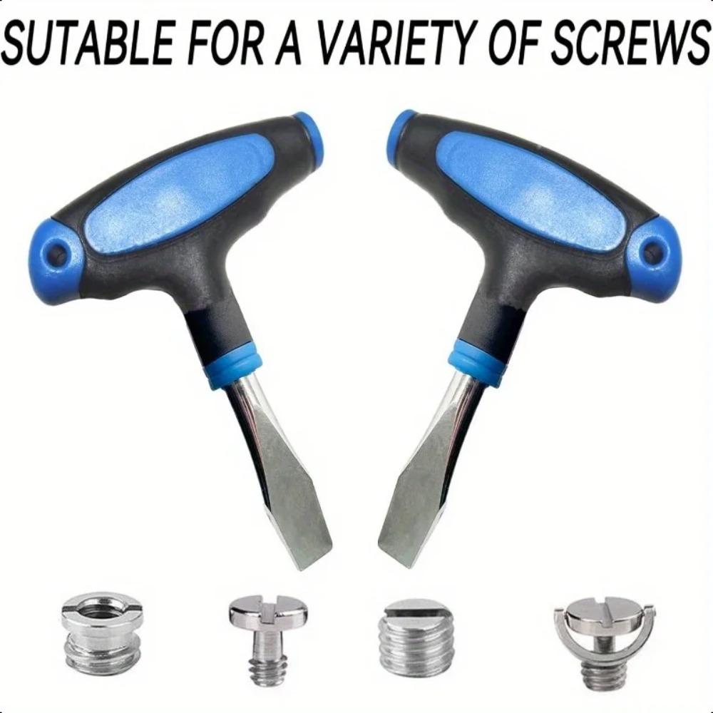 Kompaktní šroubovák s T-rukojetí a plochou hlavou s 10mm čepelí – Ergonomická černo-modrá rukojeť pro rychloupínací destičky, stativy pro fotoaparáty