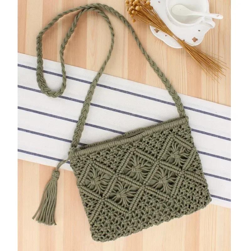 1 Pcs Woven Bag With Crossbody Cotton Thread Tassel Artistic Style Japanese And Korean Style Beach Bag Vacation Travel Bag