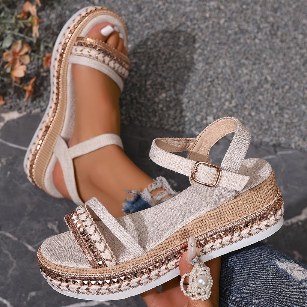Women'S Espadrille Wedge Sandals with Braided Rope and Rivet Details – Comfortable Open Toe Platform Heels, Beige and Brown Color Scheme