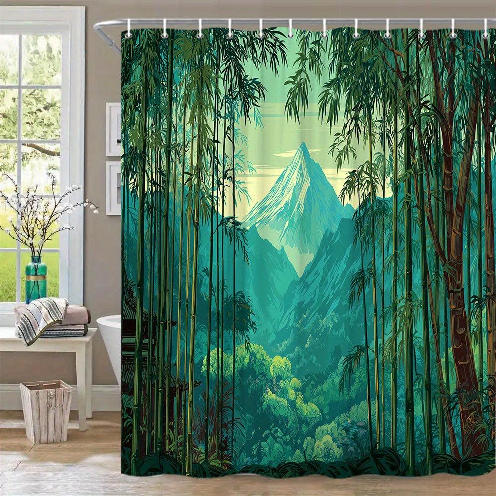 1pc Serene Bamboo Forest Shower Curtain - Japanese Style with Snow-Capped Mountain & Pastel Sky, Zen Bathroom Decor, Includes