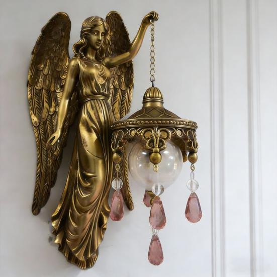 Vintage Angel Wall Lamp Artistic Home Office Living Room Nursery Bedroom Holy Guardian Resin Statue Wall Sconce Decorative Night Light