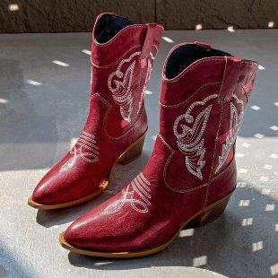 Large size embroidered thick heel V mouth western cowboy fashion short boots women's new pointed European and American leather boots