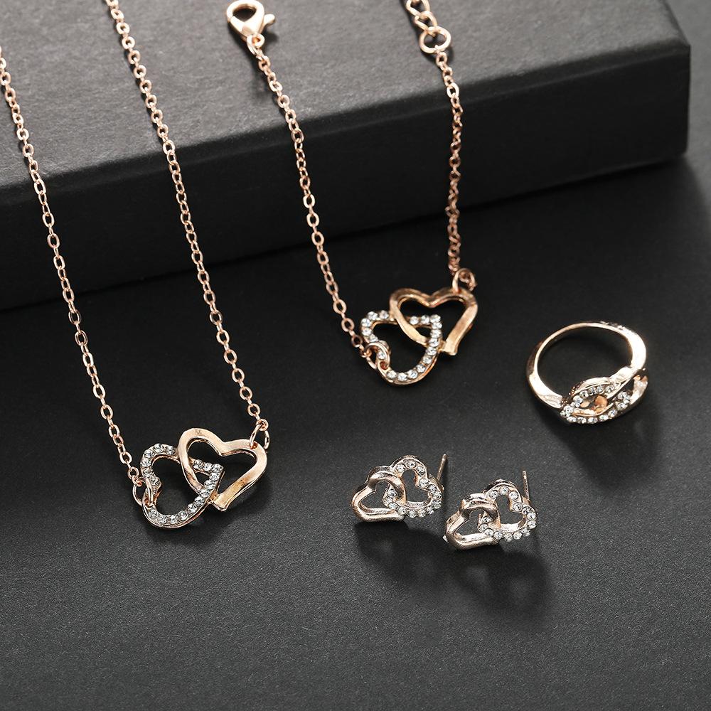 Necklace+Bracelet+ear Stud+finger Ring 4pcs/Set Double Heart Geometry Jewelry Fashion Simple Women's Gift Bridal Accessories