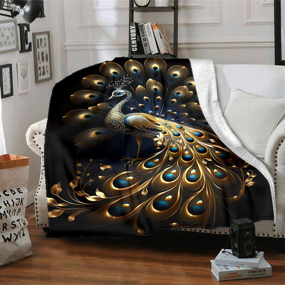 1PC Golden Peacock Feather Blanket, Throw For Sofa, Bed, Travel, Camping, Livingroom, And Bed, Printing Blanket With Soft And Warm Fabric Yy250918154