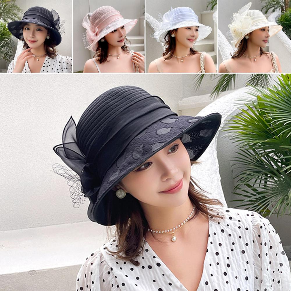 Breathable Bridal Tea Party Wedding Hat Wide Brim Beach Hat Elegant Organza Hat  Summer