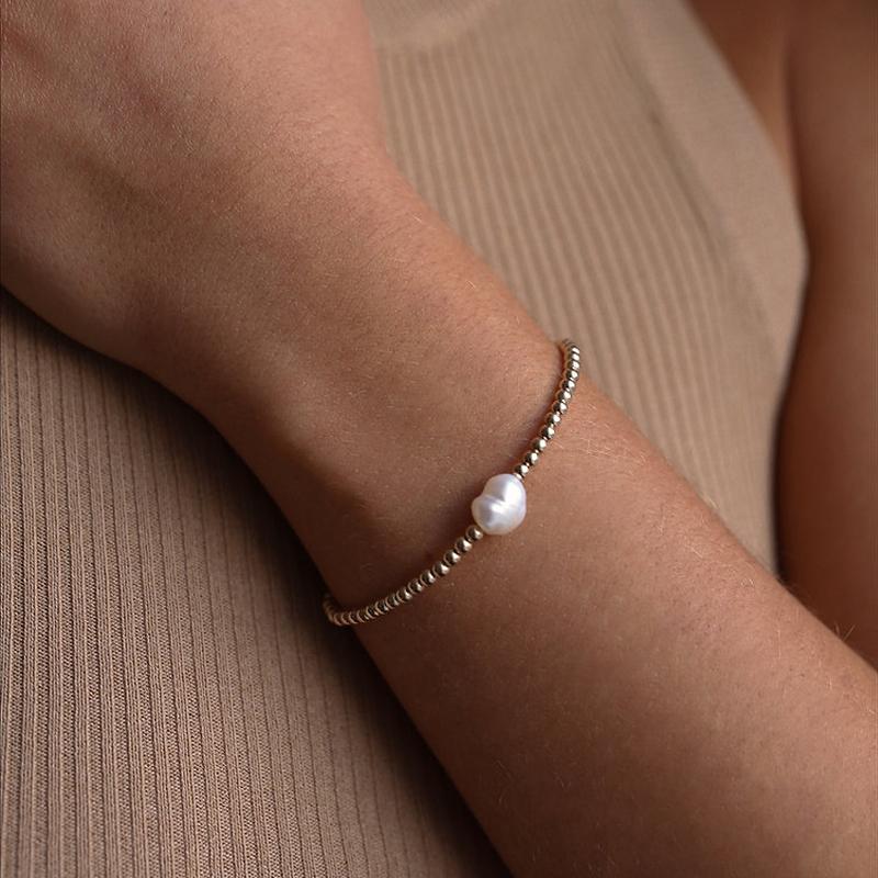 Classic 18k Gold Plated Stainless Steel Beads Natural Freshwater Pearl Bracelet Beaded Stretch Stacking Bracelets for Women