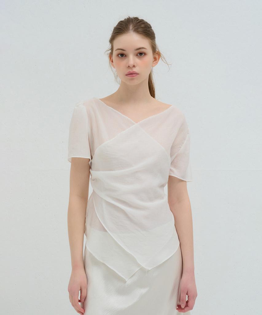 Kamino Striped Wrap Shirring Blouse White