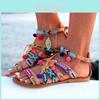 Elegantní Dámské Boho Sandály Gladiator Kožené Ploché Boty S Barevnými Pompony