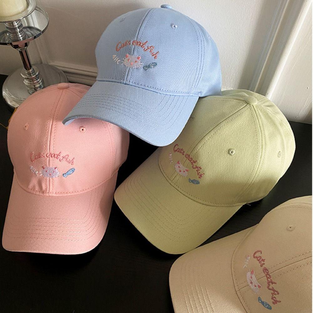 Embroidery Cat Sunshade Hat Casual Peaked Cap Simple Cartoon Baseball Cap  Students