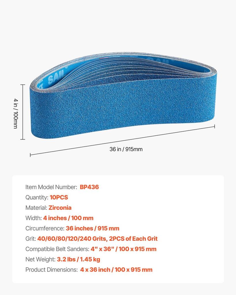 Sanding Belts, 100 x 915mm Belt Sander Sanding Belts, 10PCS (2 of Each 40 60 80 120 240 Grits) Zirconia for Knife Sharpening, Metal Polishing,