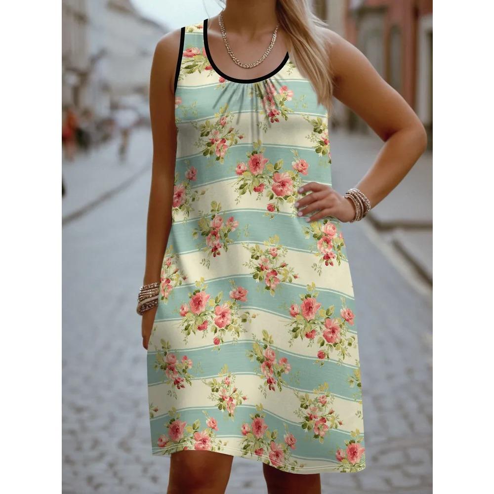 Robe d'été sans manches grande taille pour femme, motif floral 3D, col rond, longueur genou, sans poche, coupe ample, douce