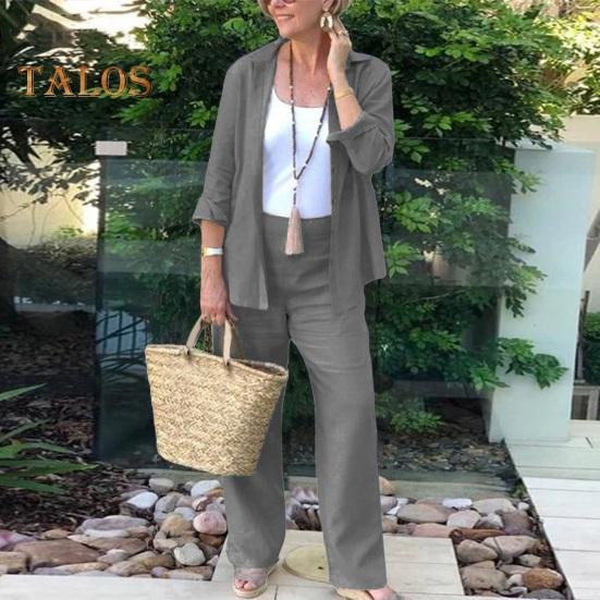 2-teiliges Damen-Outfit mit Revers, langen Ärmeln, Knopfverschluss, Hemd mit hoher Taille, geradem, weitem Bein und langen Hosen