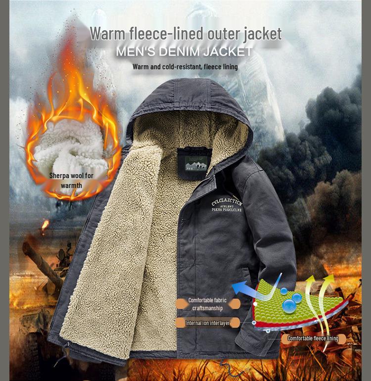 Lambswool Hooded Fleece-Lined Coat, Warm Outdoor Casual Plus Size Cotton Jacket