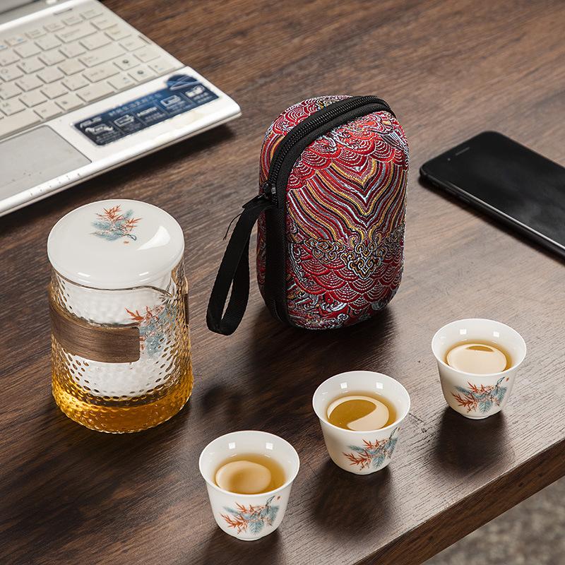 

Suet jade porcelain kung fu travel tea set ceramic express one pot three cups outdoor portable bag business small gift