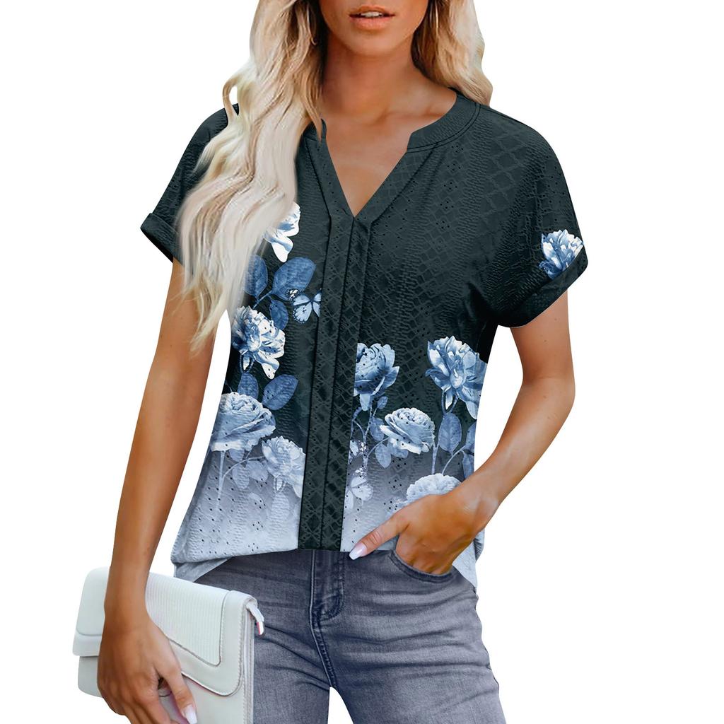 Womens Tops Short Sleeve V T-Shirt Blouse Dressy Causal Printing  Eyelet Embroidery Summer Fashion Clothes
