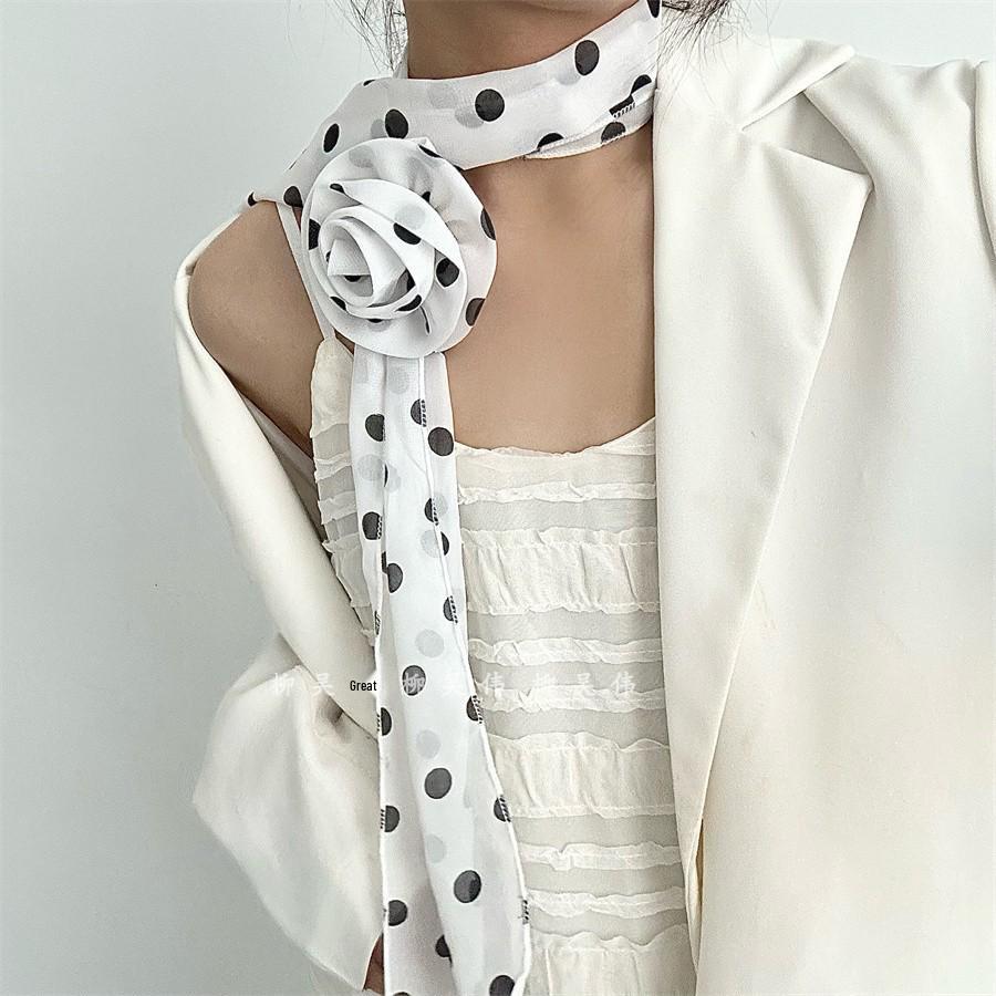 Шелковый шарф-пояс в розовый горошек 2025: Новый дизайн согревателя шеи и модный аксессуар белый