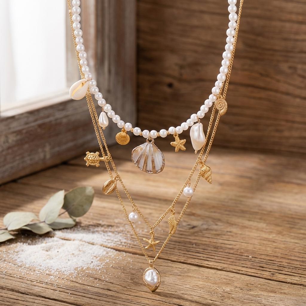 Boho Shell Starfish Conch Simulated Pearl Necklace Set 3Pcs Summer Beach Choker For Women Vacation Jewelry