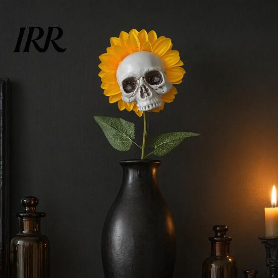 Fun Halloween Garden Accessory Sunflower Skull Ornament, Theme Decor, Potted Outdoor Spooky Planter Plant Waterproof Decoration, for Lawn