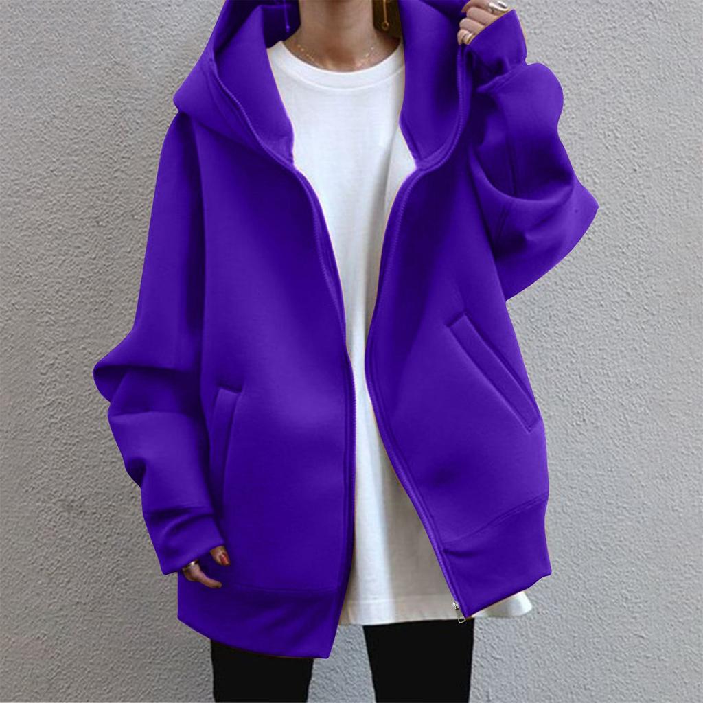Spring and Autumn Four Seasons Women's Casual Loose Long Sleeve Zip-up Hoodie with Long Lining Coat