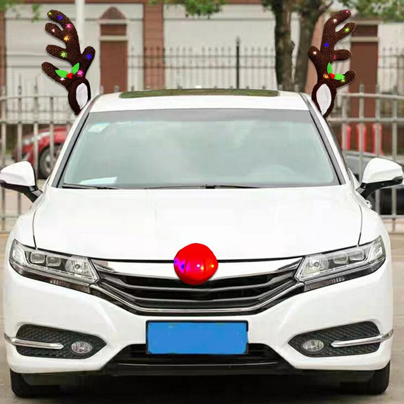 Christmas Reindeer Car Decorations LED Lighting Rudolf Reindeer Antlers Red Noses Car Decorations Kit Christmas Auto  Decor