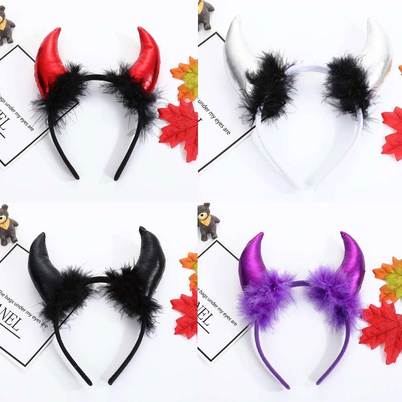 Halloween Feather Decor Ox Horn Shape Glitter Headband Movie Demon Evil Devil Horn Hair Hoop Gothic Cosplay Party Costume