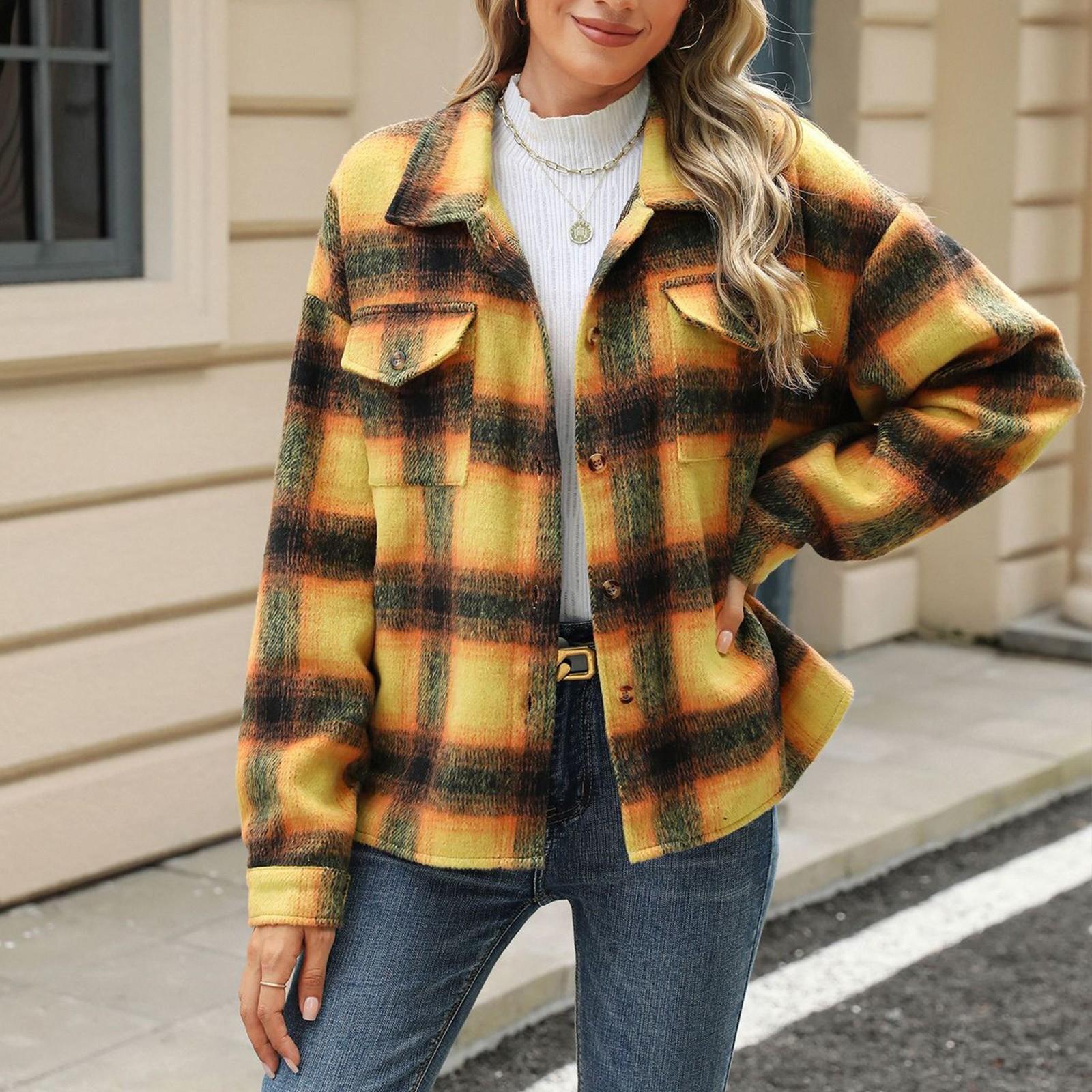 

Женская свободная повседневная клетчатая шерстяная куртка с длинными рукавами и лацканами, модная куртка XL жёлтый