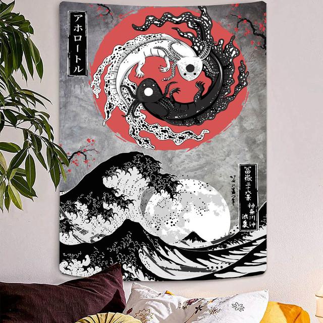 Arazzo giapponese Monte Fuji La Grande Onda Decorazioni da appendere a parete Fiore di ciliegio Boho Decorazioni per la casa Arazzi bianchi e neri