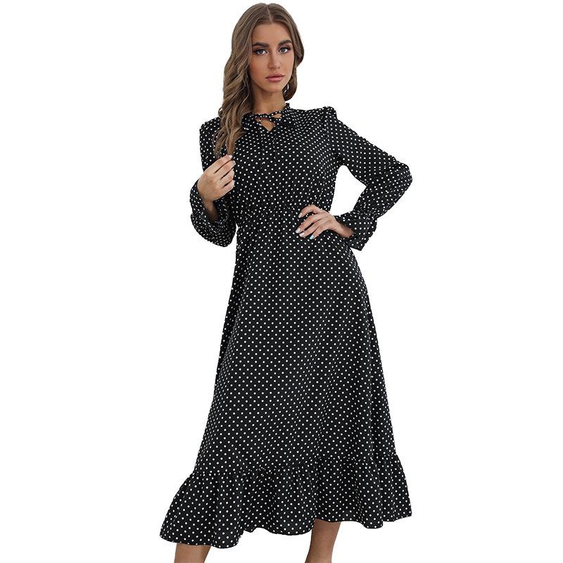 European & American Long-Sleeved Pleated Polka Dot Dress - Autumn/Winter 2022