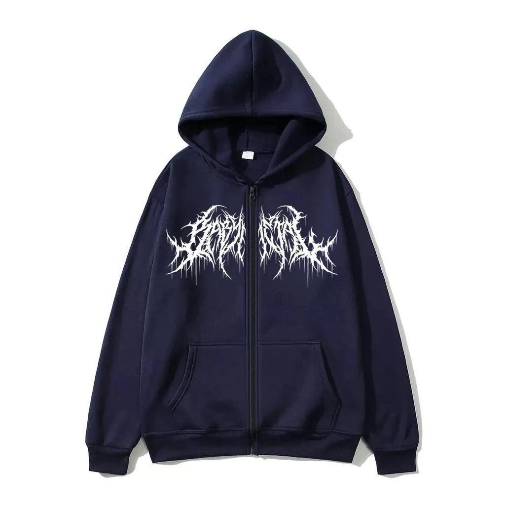 Felpa con cappuccio unisex a maniche lunghe con zip Vestibilità ampia Stile gotico scuro Felpa con stampa di lettere Giacca