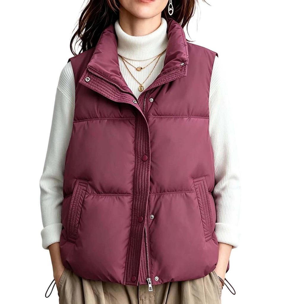 Women's Color Loose Fit Stand Collar Sleeveless Jacket
